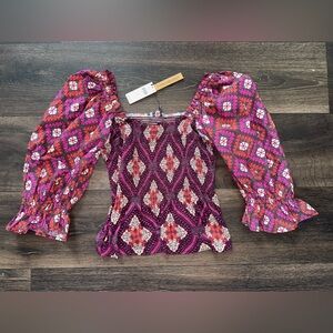 Anthropologie Conditions‎ Apply Smocked Top Puff Sleeve Floral Blouse Size Small